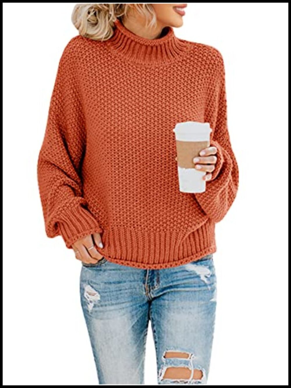 Women's Oversized Turtleneck Sweater Chunky Knit Batwing Pullover Cable Knit
